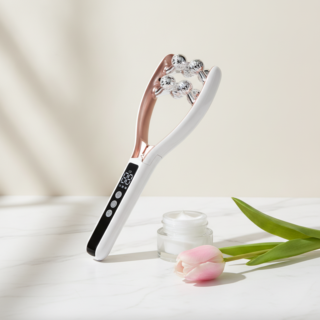 Masajeador facial BAVELIA junto a crema y tulipán sobre mármol