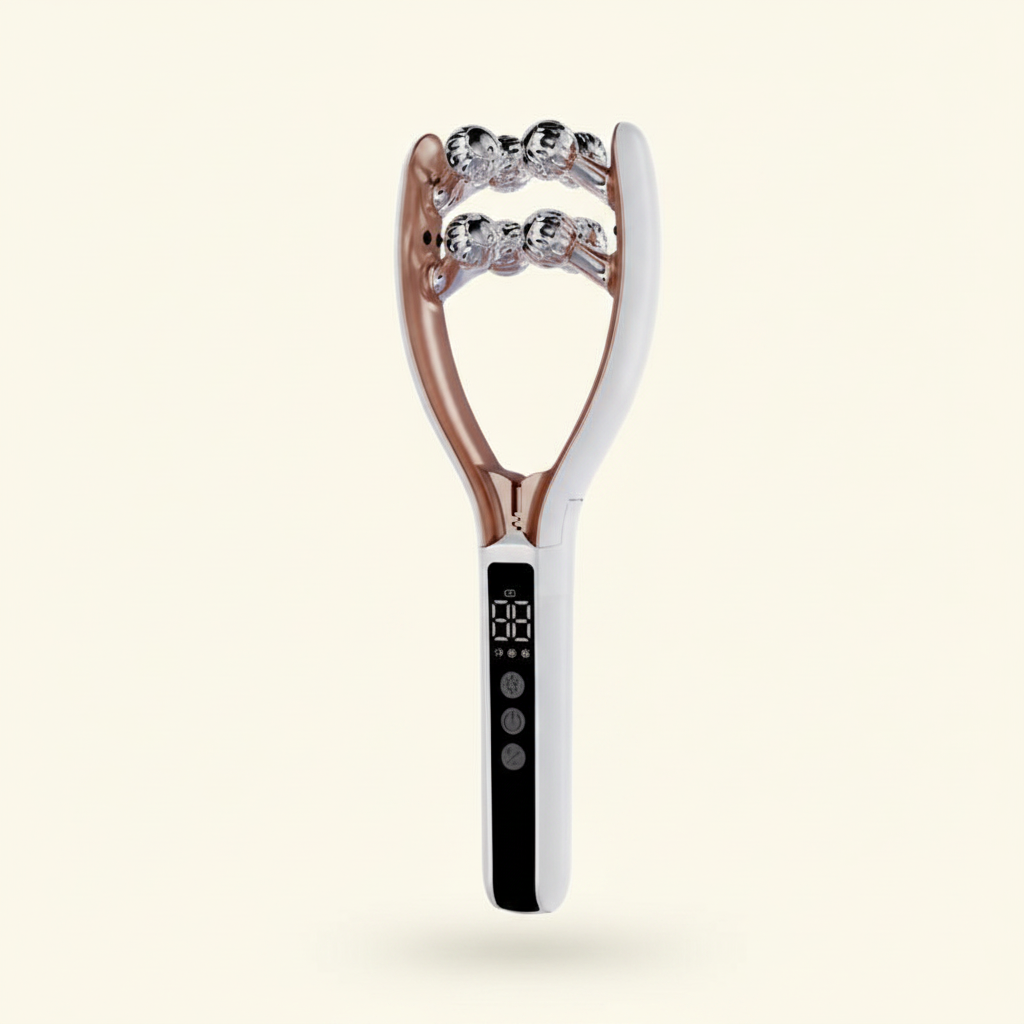 Masajeador facial eléctrico BAVELIA sobre fondo crema
