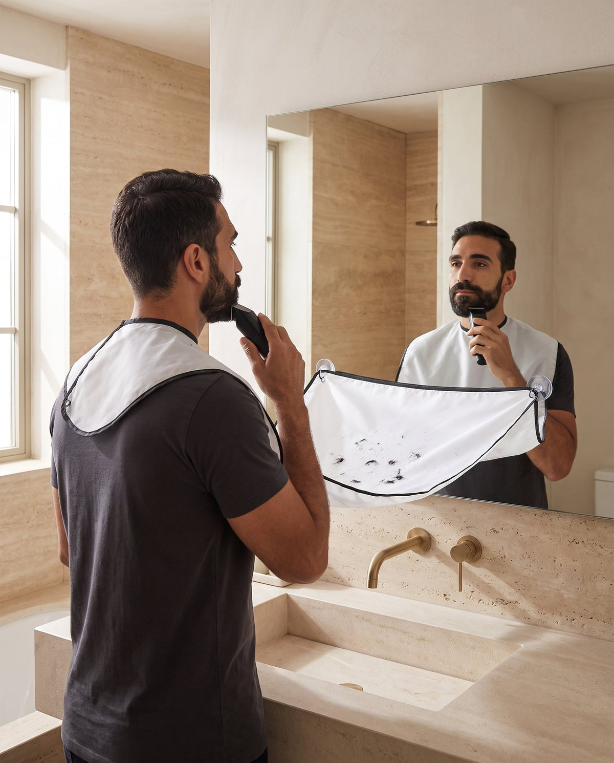 Hombre recortándose la barba con el babero BAVELIA enganchado al espejo